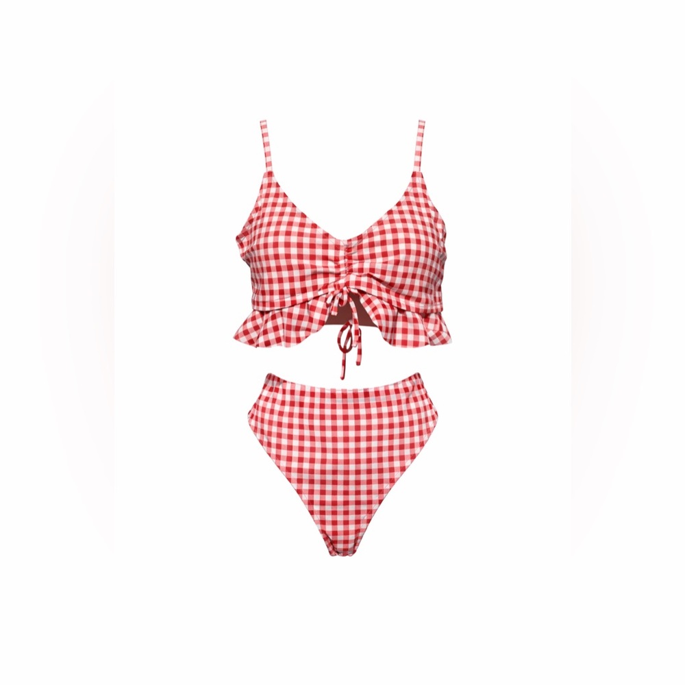 Red Gingham Bikini Set XL Two Piece Ruffle Tie Front High Waist Swim